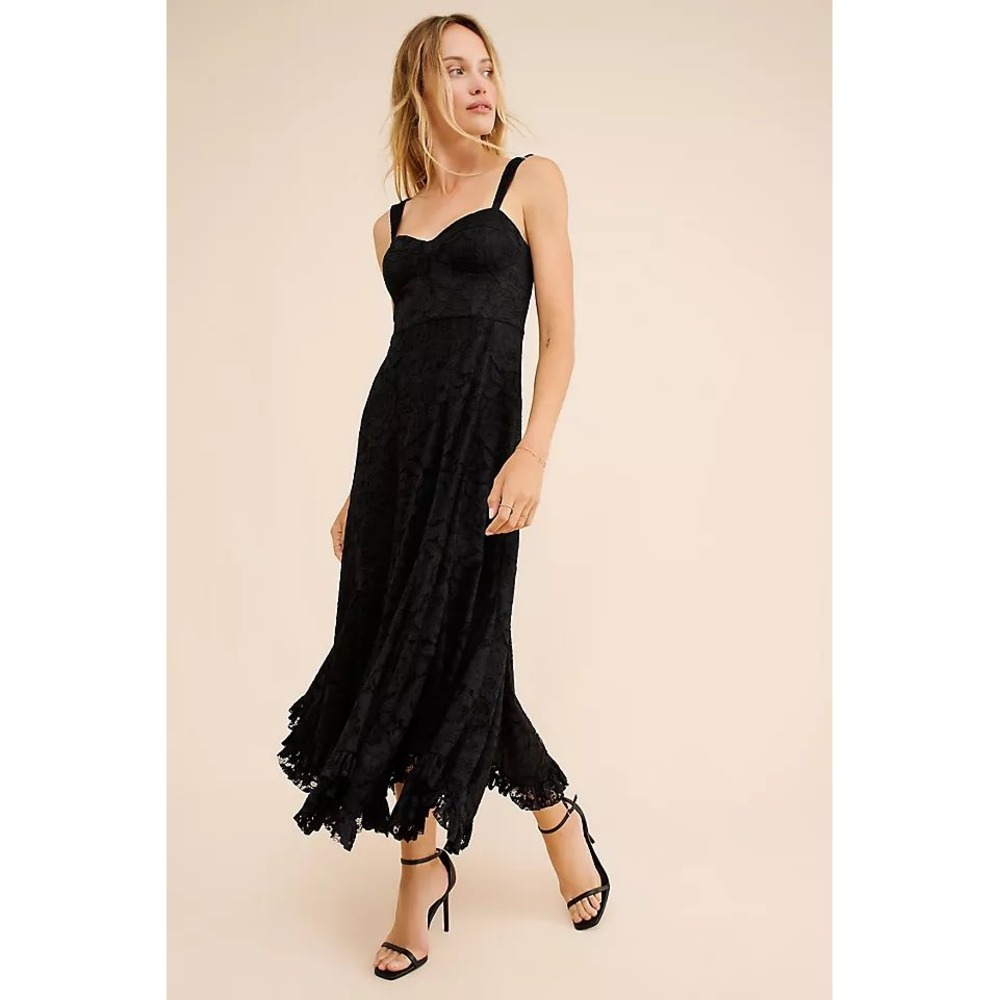 Hutch Black Lace Bustier Midi Dress Sweetheart Neckline Ruffle Hem M